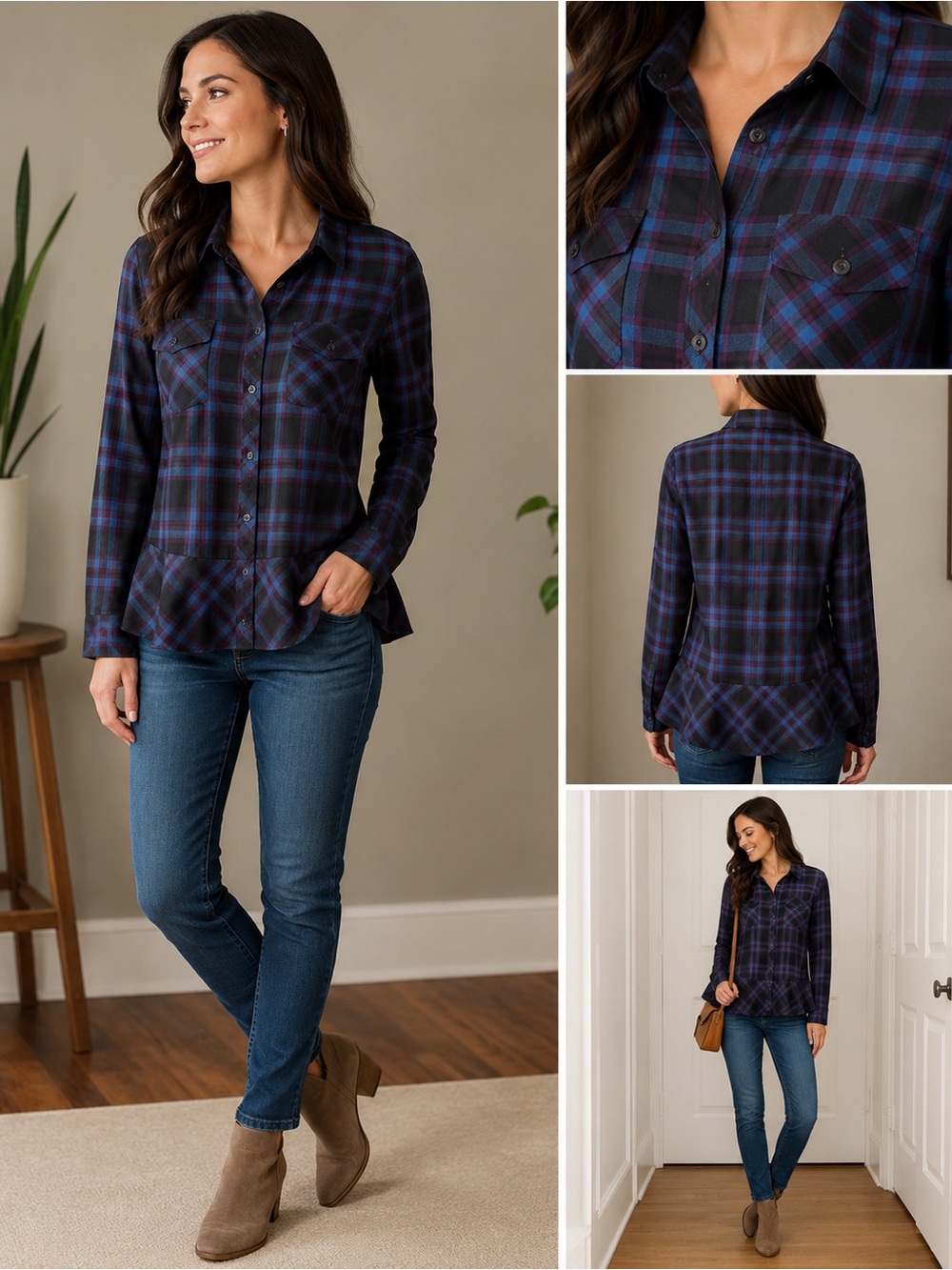 Cabi XS Plaid Peplum Blouse Rayon Button Front Ruffle Hem Long Sleeve